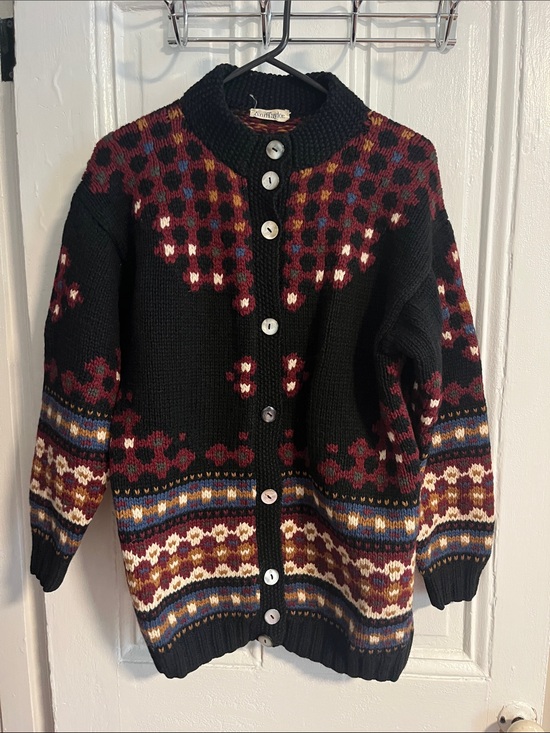 Ann Taylor Sweaters - Vintage Ann Taylor Black Fair Isle Button-Up Cardigan with Burgundy Accents